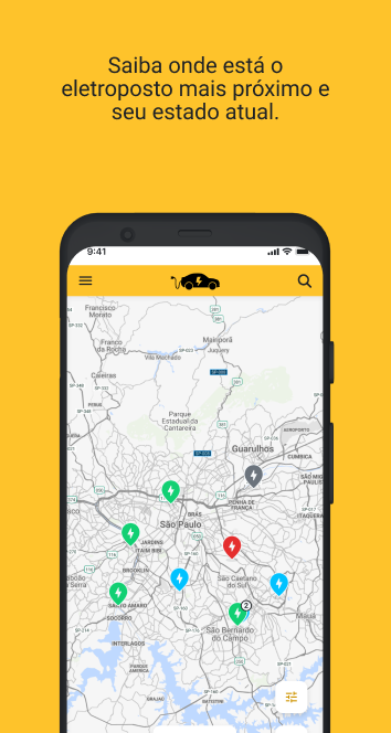 Mapa do app Renew Recharge mostrando pontos de recarga disponíveis na Grande São Paulo